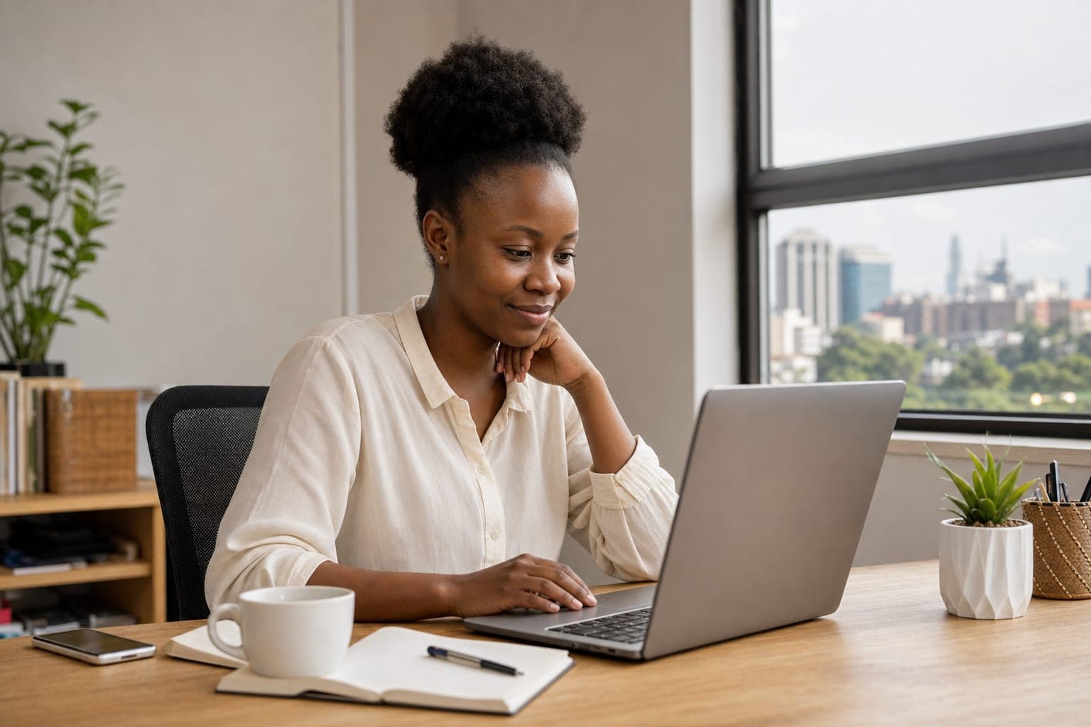 Website design for Kenyan startups — founder workspace with laptop and Nairobi skyline